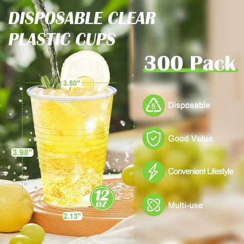 Lamosi 300 Pack 12 oz Clear Plastic Cups,12 Ounce Disposable Cold Drinking Cups for Party, Picnic, BBQ, Travel, Christmas, Events