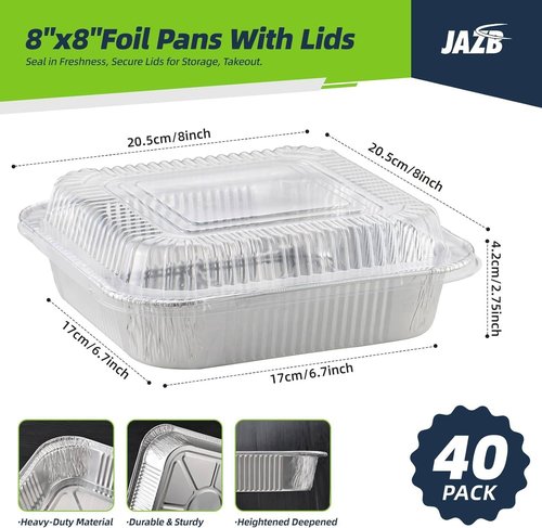 Jazb 8x8 Square Aluminum Foil Pans - 40PCS with Clear Plastic Lids for Easy Food Storage & Cooking