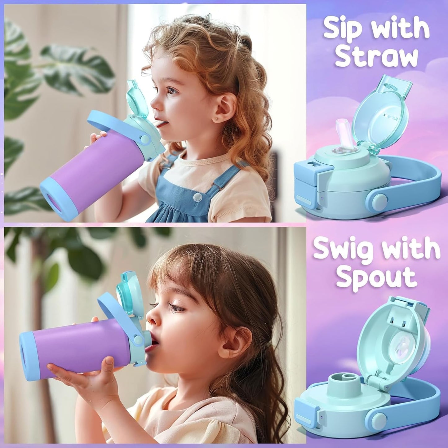 Skiennix Kids Insulated Water Bottle - 18oz Leak-Proof Stainless Steel Tumbler with 2-in-1 Lid | Dinosaur & Monster Design