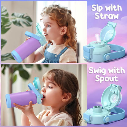 Skiennix Kids Insulated Water Bottle - 18oz Leak-Proof Stainless Steel Tumbler with 2-in-1 Lid | Dinosaur & Monster Design
