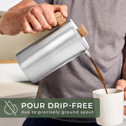 WALDWERK French Press Coffee Maker - 34 oz Non-Toxic Stainless Steel with Oak Wood Handle - Insulated Design