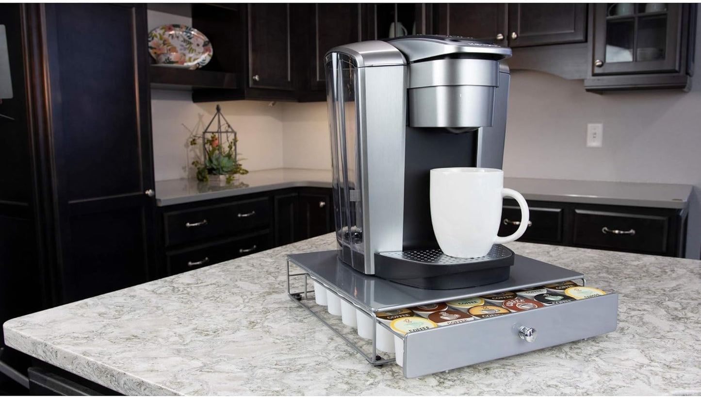 Nifty Coffee Pod Drawer - Compact Silver Storage for 36 K-Cups | Non-Rolling Under Coffee Pot Organizer