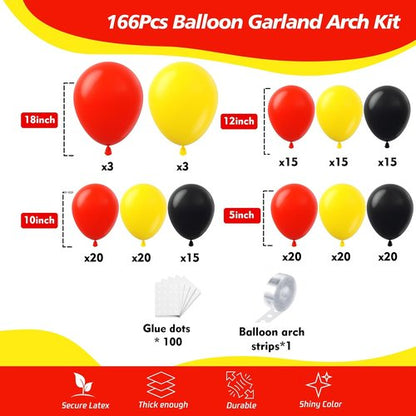 166Pcs Balloon Garland Arch Kit - Red, Yellow & Black Latex Balloons for Mouse Party Decor | Birthday & Baby Shower