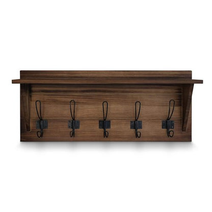 HBCY Creations Rustic Brown Solid Wood Wall Mounted Coat Rack with Shelf, 5 Hooks, 24" Long - Kitchen, Mudroom, Entryway, Bathroom - Includes Mounting Hardware, Coat Hanger, Dog Leash Hooks