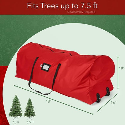 Holiday Cheer Christmas Tree Storage Bag - Heavy Duty Waterproof Bag with Wheels for 7.5ft Artificial Trees | Durable Handles & Zipper (Red)