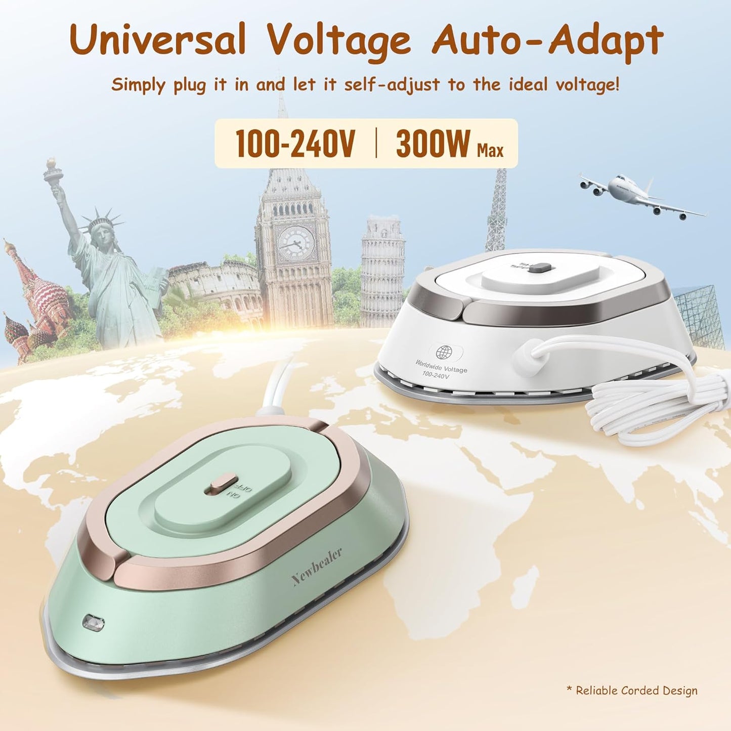 Newbealer Travel Iron - Mini Dry Iron with Global Voltage, 300W, Non-Stick Ceramic Soleplate, Silver