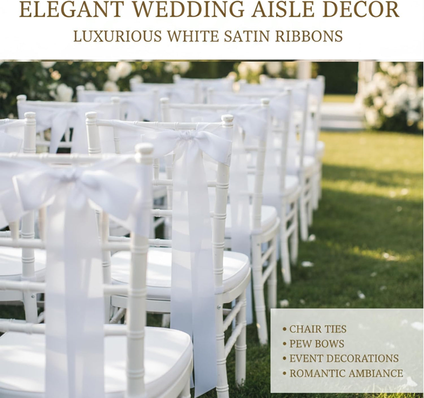 Skiennix 30 Pcs Satin Chair Sashes - 90.55x1.96 Inch Wedding Ribbons for Aisle Decor | White