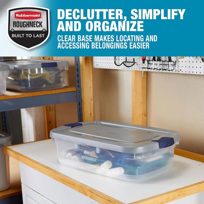 Rubbermaid Roughneck 31 Qt Clear Storage Containers - Pack of 6 with Snap-Fit Grey Lids | Sturdy & Stackable