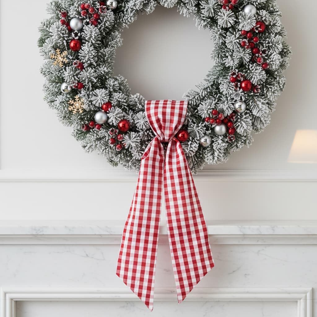 Red White Plaid Wreath - Sash Front Door Decoration for Christmas & Valentine’s Day | Farmhouse Home Decor