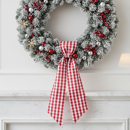 Red White Plaid Wreath - Sash Front Door Decoration for Christmas & Valentine’s Day | Farmhouse Home Decor
