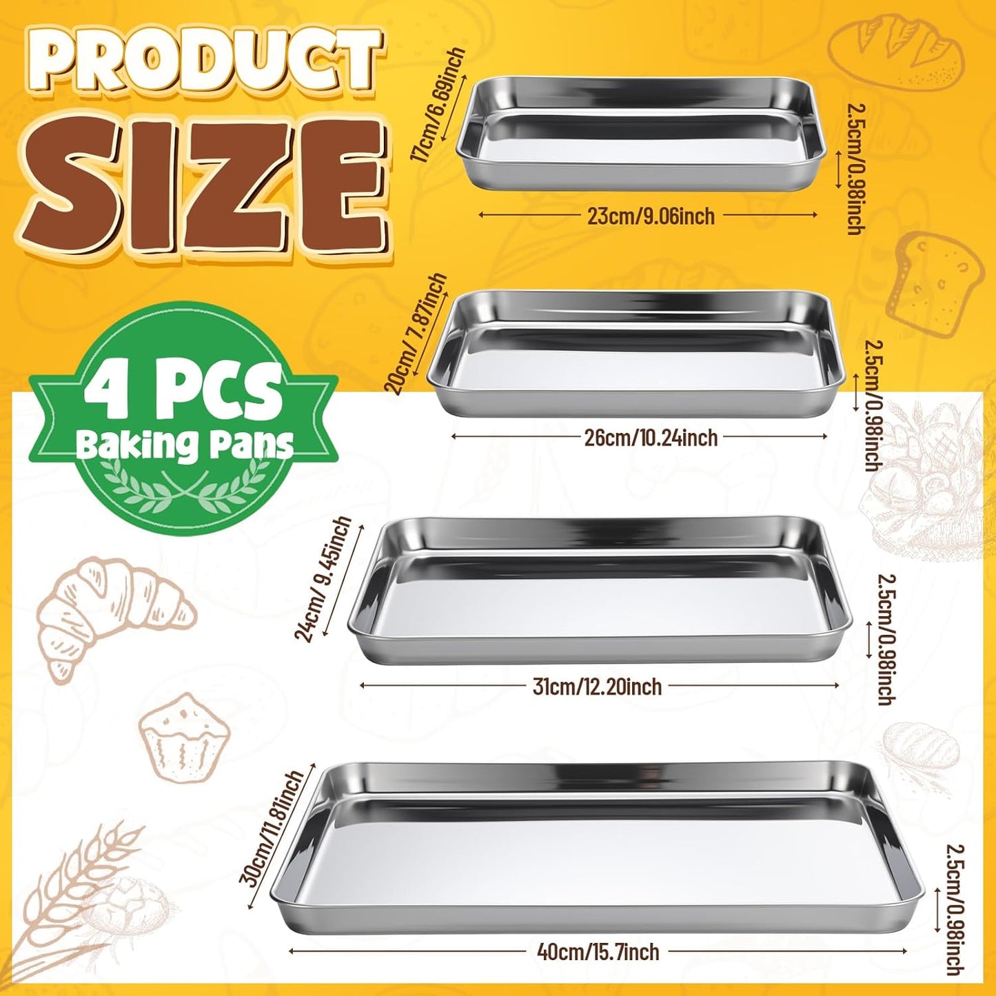 Skiennix Stainless Steel Baking Pans - 4 Pack Commercial Grade Cookie Sheets, Heavy Duty, Non-Stick, 9/10/12/16 Inch