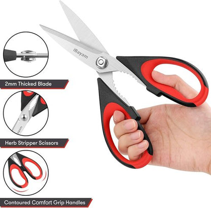 iBayam Kitchen Scissors - 3-Pack Heavy Duty with Soft Grip Handle & Protective Sheath | Dishwasher Safe