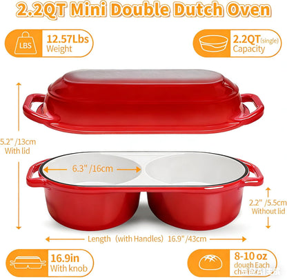 Skiennix Mini Double Dutch Oven - 2.2QT Enameled Cast Iron Pot for Sourdough Baking | Oven Safe to 500°F