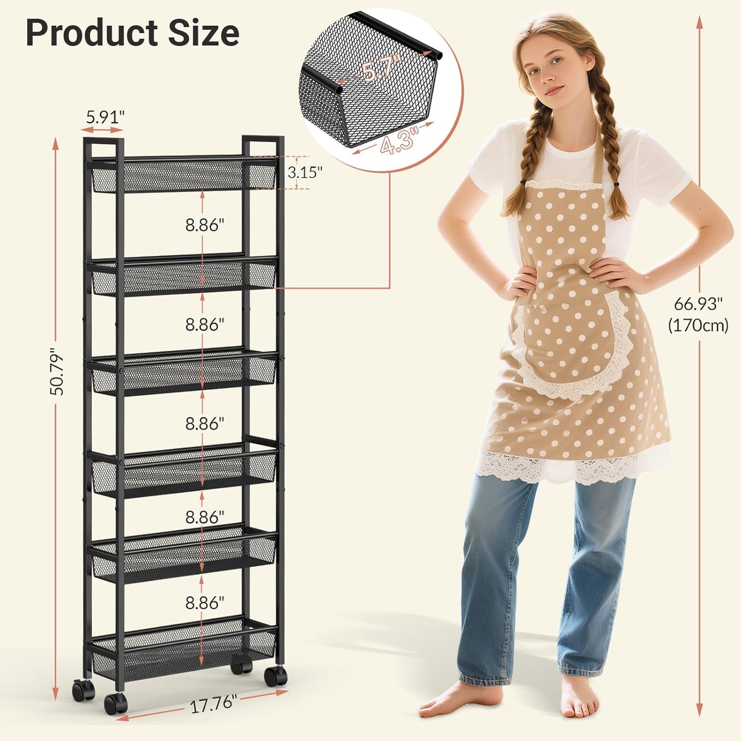 ThreeHio 6-Tier Slim Storage Cart - Mobile Metal Shelving Unit with Wheels for Kitchen & Bathroom - Black 6in(W)