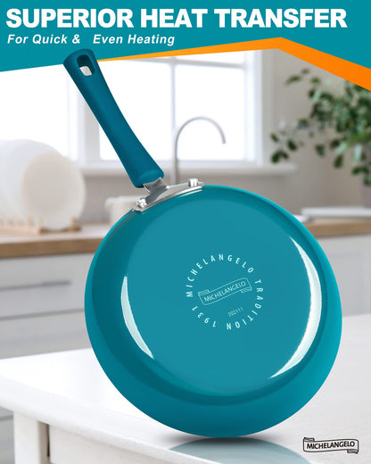 MICHELANGELO Nonstick Frying Pan with Lid, Enameled 10 Inch Frying Pan Non Stick Fry Pan with Silicone Handle, Non-Toxic Skillet with Granite Interior, Cyan
