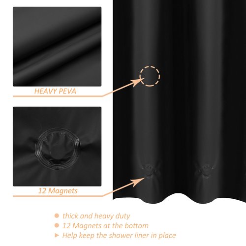 Mrs Awesome Black Clawfoot Tub Shower Curtain or Liner with 12 Magnets - Free 36 Hooks Included, Waterproof PEVA, 180" x 70", Black