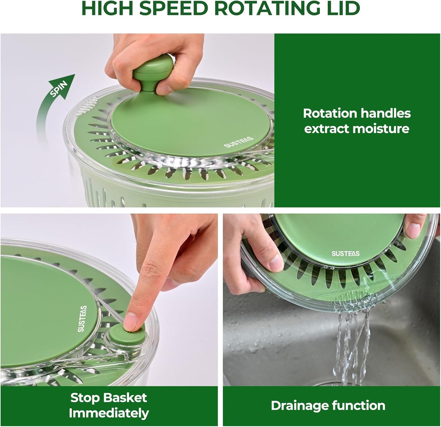 SUSTEAS Large Salad Spinner - Efficient Vegetable & Fruit Wash Bowl with 5 Blade Slicer | 4.25Qt Capacity