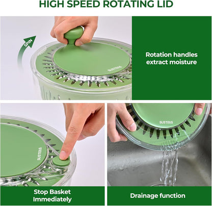 SUSTEAS Large Salad Spinner - Efficient Vegetable & Fruit Wash Bowl with 5 Blade Slicer | 4.25Qt Capacity