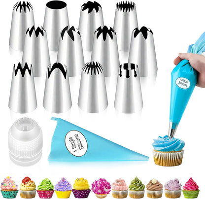 Skiennix Large Piping Tips Set - 14-Piece Reusable Stainless Steel Icing Nozzles for Cake Decorating