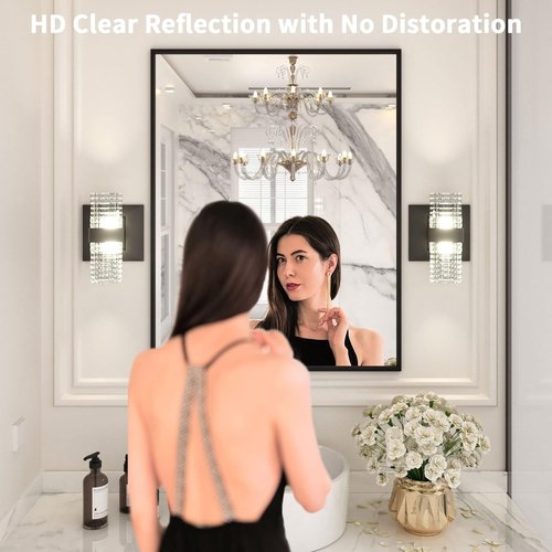 LOAAO Black Rectangle Bathroom Mirror - 28"X36" Matte Black Aluminum Frame, Tempered Glass, Versatile Hanging Options