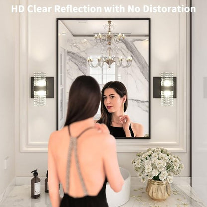 LOAAO Black Rectangle Bathroom Mirror - 28"X36" Matte Black Aluminum Frame, Tempered Glass, Versatile Hanging Options