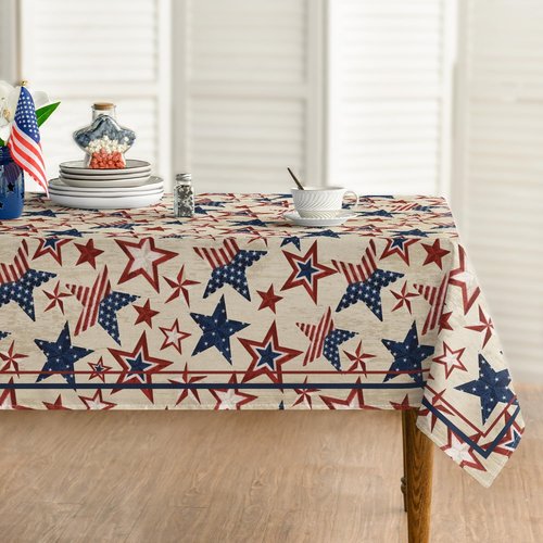 Horaldaily Rectangular Tablecloth - 60x84 Inch Patriotic Blue & Red Star Design for 4th of July Celebrations