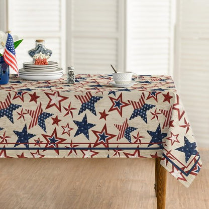Horaldaily Rectangular Tablecloth - 60x84 Inch Patriotic Blue & Red Star Design for 4th of July Celebrations