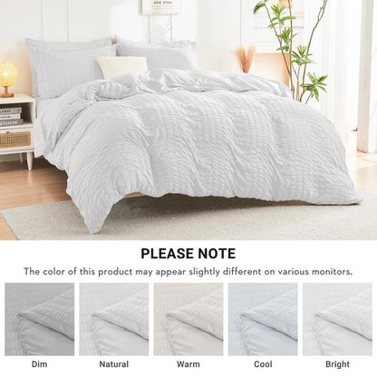 HYMOKEGE White King Size Comforter Set Seersucker 7 Pieces, All Season Luxury Bed in a Bag for Bedroom, Bedding Set with Comforters, Sheets, Pillowcases & Shams