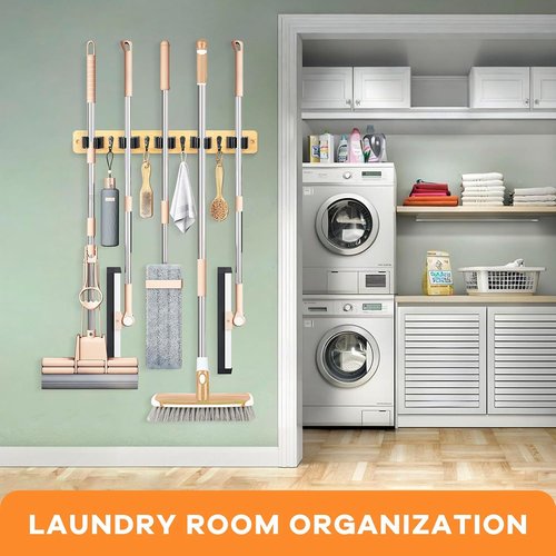 IMILLET Broom Holder Wall Mount - Bamboo Mop Hanger with 5 Racks & 4 Hooks | Home Organization Solution
