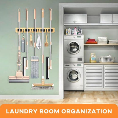 IMILLET Broom Holder Wall Mount - Bamboo Mop Hanger with 5 Racks & 4 Hooks | Home Organization Solution