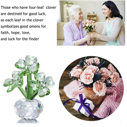 QFkris Crystal Flower Dreams Four-Leaf Clover Figurine - Perfect St. Patrick's Day Gift | 3.7" Crystal Ornament for Mother's Day, Thanksgiving, Valentine's Day