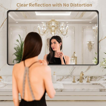 LOAAO Black Metal Framed Bathroom Mirror - 40x24 Inch Large Rounded Rectangle, Anti-Rust Design