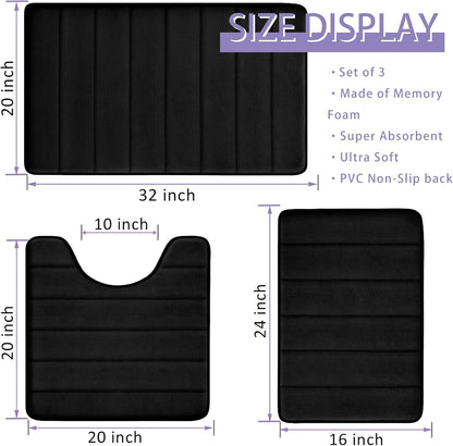 Skiennix Memory Foam Bath Rugs Set - Non-Slip, Washable, Super Soft 3-Piece Black Bathroom Mats