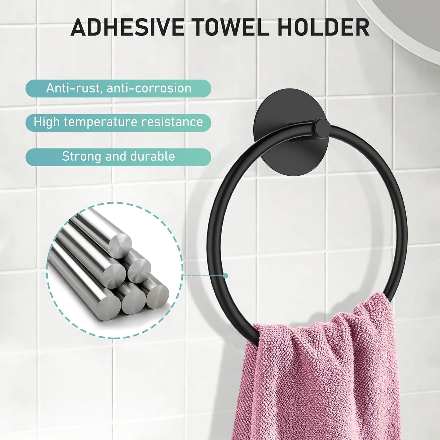 SetSail Matte Black Adhesive Towel Holder - Stainless Steel Hand Towel Ring for Bathroom & Kitchen
