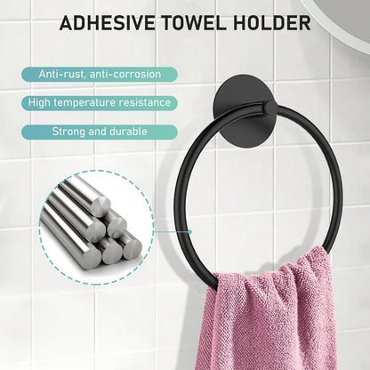 SetSail Matte Black Adhesive Towel Holder - Stainless Steel Hand Towel Ring for Bathroom & Kitchen