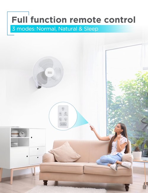 BLACK+DECKER 16" Wall Mount Fan With Remote Control, Oscillating With 3 Speed Settings and Shut Off Timer, Adjustable Tilt Angle, White