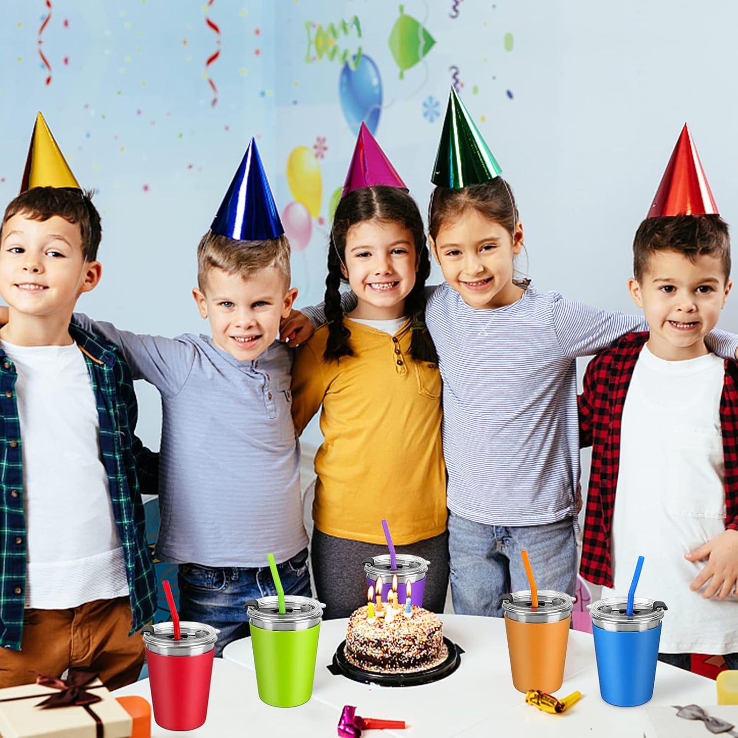 Skiennix Kids Cups - 12oz Spill-Proof Tumblers with Lids & Straws | 5-Pack Stainless Steel Set