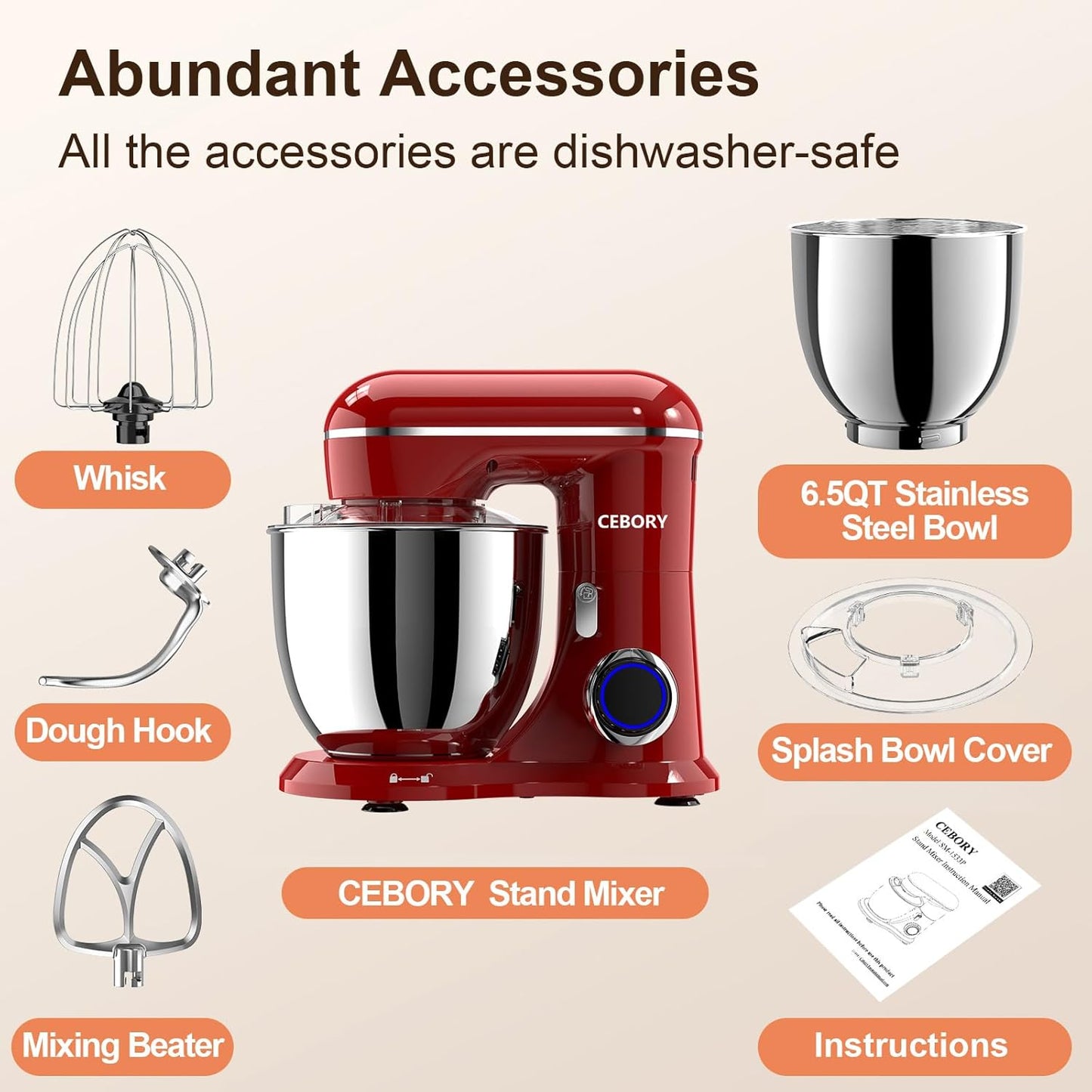 Skiennix 3-IN-1 Electric Stand Mixer - 6.5QT Bowl, 660W, 10-Speed, Includes Dough Hook, Beater & Whisk - Red