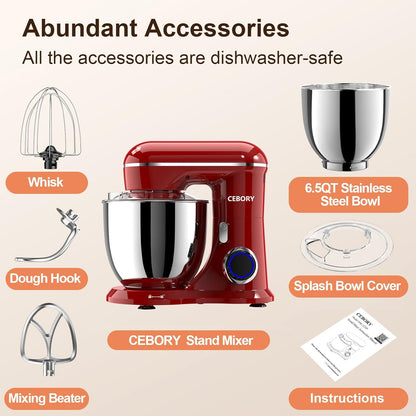 Skiennix 3-IN-1 Electric Stand Mixer - 6.5QT Bowl, 660W, 10-Speed, Includes Dough Hook, Beater & Whisk - Red