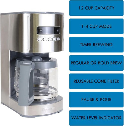 Koolatron Kenmore Elite 12-Cup Drip Coffee Maker - Programmable, Auto Shut-Off, Glass Pot, Reusable Filter