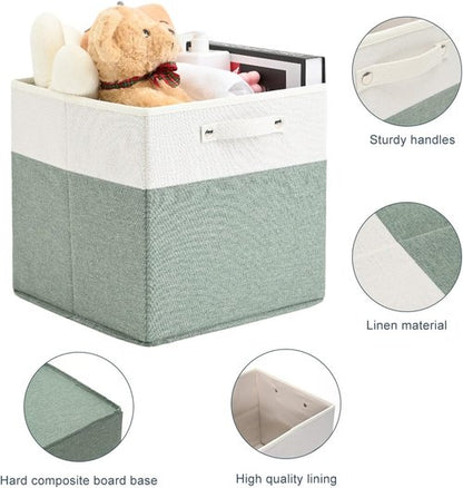 FinishingBo Storage Bins - 13x13 Inch Fine Linen Fabric Cube Organizers with Handles | White/Green - 4 Pack