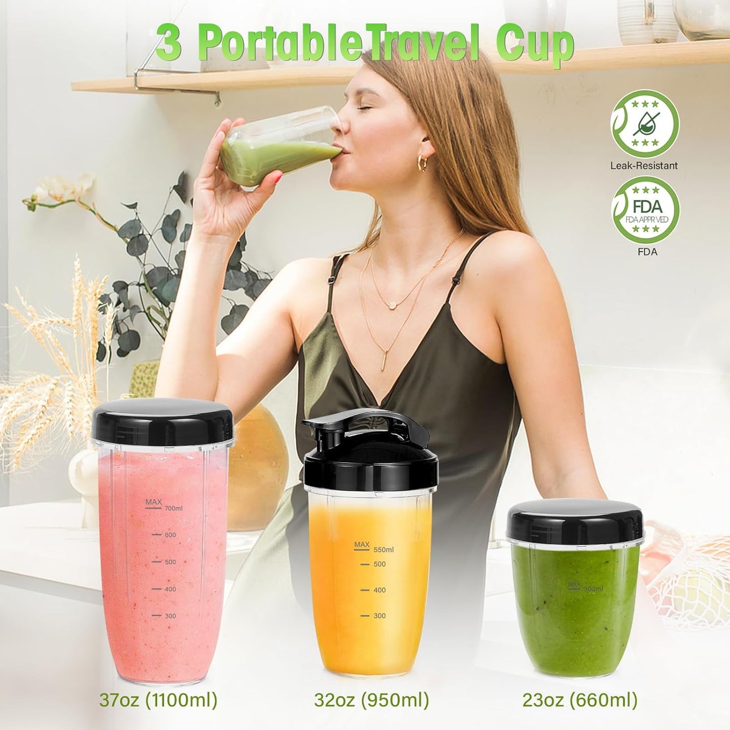 Nahida Blender - 1200W Smoothie Maker with 2 Six-Fin Blades & Easy Go Cups | Brown, 23oz, 32oz, 37oz