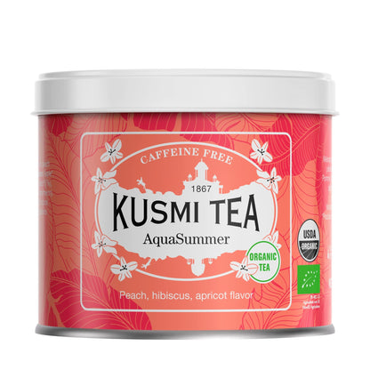 Kusmi Tea - AquaSummer - Organic Blend of Hibiscus, Apple, Apricot & Peach - Caffeine Free Herbal Tea - Enjoy Hot or Iced - Loose Leaf Tea - Tin Box of 3.5 oz - Quantity for about 50 cups