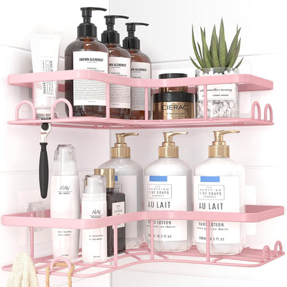 Sakugi Corner Shower Caddy - Rustproof Stainless Steel Organizers with 8 Hooks | No Drilling, Large, Pink - 2 Pack