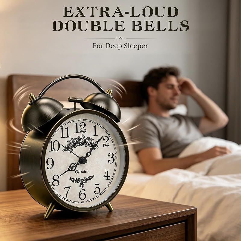 4.5-Inch Loud Analog Alarm Clock for Heavy Sleepers - Battery Operated, Bronze-C