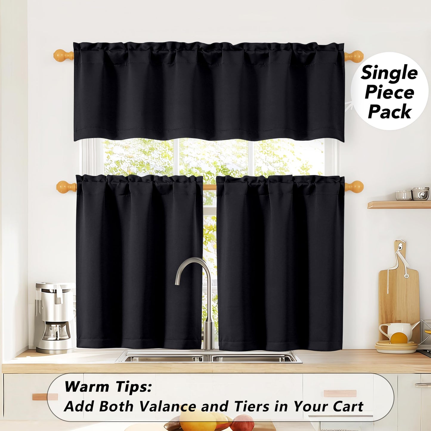 OWENIE Black Kitchen Curtains 36 Inch Length, Short Blackout Small Thermal Insulated Cafe Curtains Tier Over Sink Rod Pocket Half Window for Bathroom Bedroom Camper RV Bunk, 2 Panels, Each 30" Wx36 L