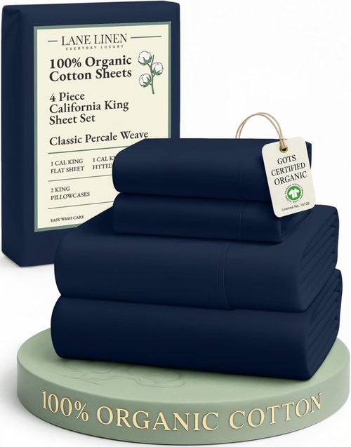 LANE LINEN 100% Organic Cotton California King Bed Sheets, 4-Piece Pure Percale Sheets Soft Breathable Cotton Bed Sheets, Deep Cal King Sheets for Thick Mattress - Navy