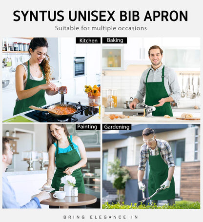 Syntus 2 Pack Adjustable Bib Apron Waterdrop Resistant with 2 Pockets Cooking Kitchen Aprons for BBQ Drawing, Women Men Chef, Dark Green