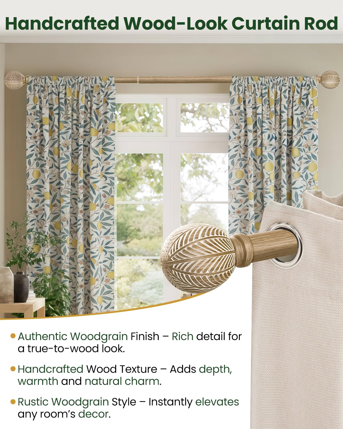 OICIPT Boho Wood Curtain Rods for Windows 48 to 84 Inch, 1" Adjustable Curtain Rod with Imitation Wooden Grain Finials, Decorative Heavy Duty Rustic Farmhouse Drapery Rods, 36-88'', Weathered Wood