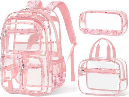 Fimibuke Clear Backpack - 3PCS Heavy Duty PVC Set with Lunch Box & Pencil Case | Cute Toddler Bookbag for School